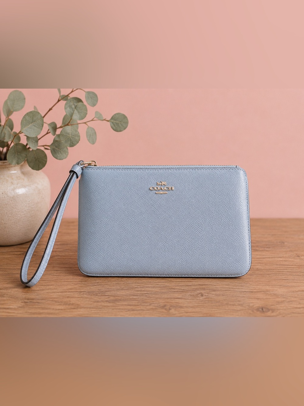 Coach Powder Blue Saffiano Leather Wristlet Clutch